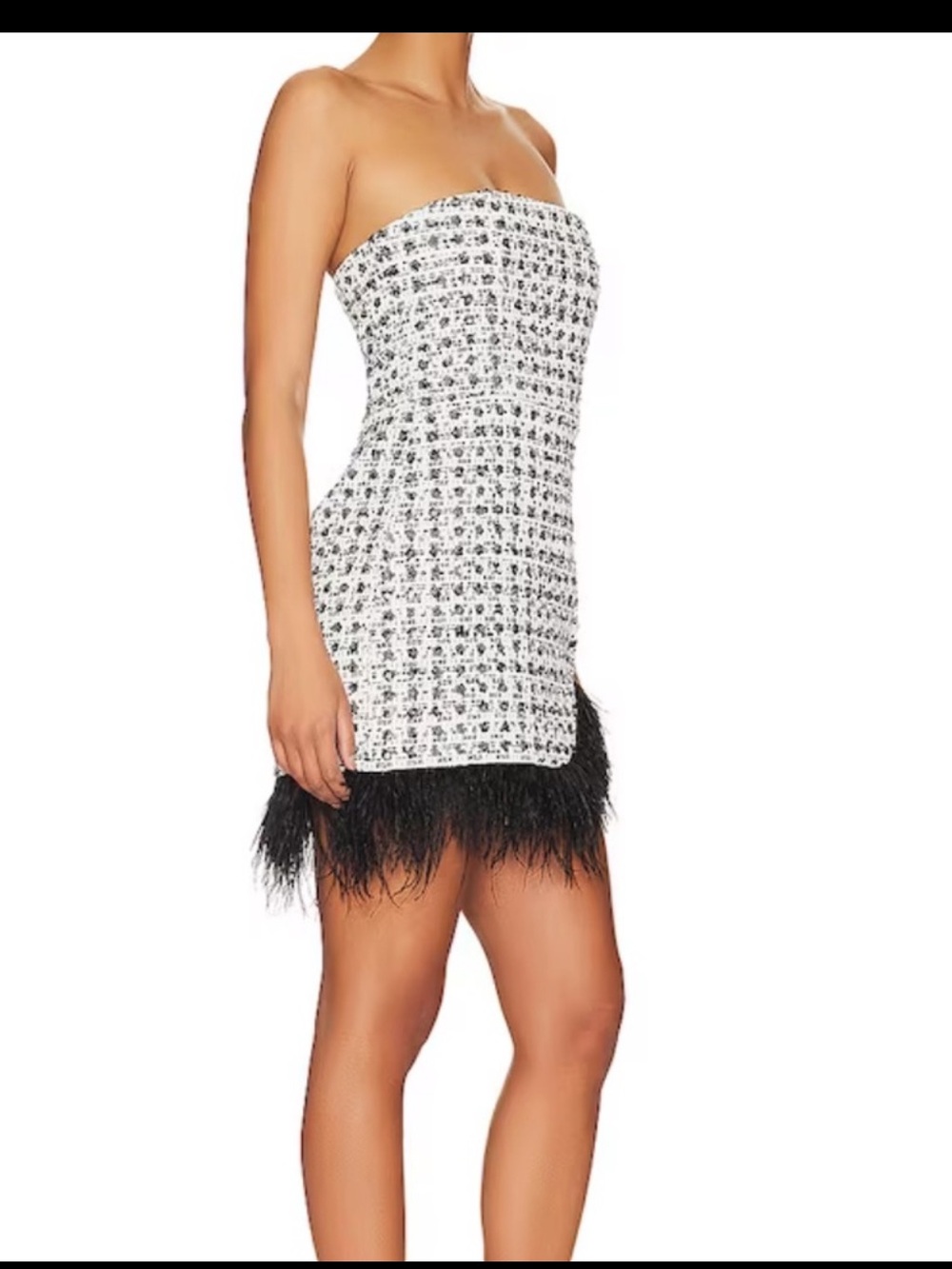 Amanda Uprichard White and Black Strapless Tweed Mini Dress with Feather Hem